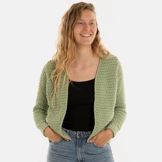 Knit Factory - Becky Knitted Cardigan - Cardigan tricoté pour femme - Cardigan court à hauteur de hanches - Cardigan femme vert clair composé de 30 % laine et 70 % acrylique - Vert Sage - 40/42