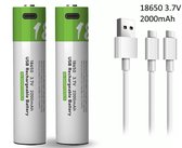 18650 Oplaadbare Li-ion Lithium Batterij Accu USB-C - 2000mAh - 3.7V - Makkelijk oplaadbaar - USB C - Type-C 2-in-1 kabel - 2 Stuks