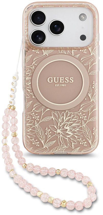 Guess IML Flowers Allover geschikt voor iPhone 17 Pro hoesje - MagSafe compatibel en Koord - Roze