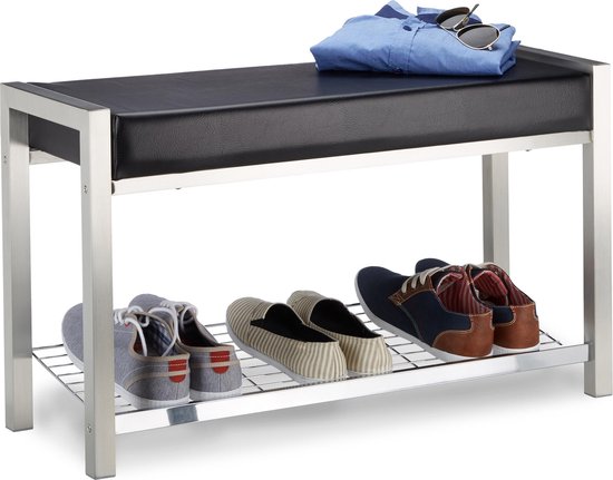 Relaxdays schoenenbank met zitkussen, open, 6-8 paar schoenen, schoenenrek metaal, kunstleer, HxBxD 49x81x31 cm, wit