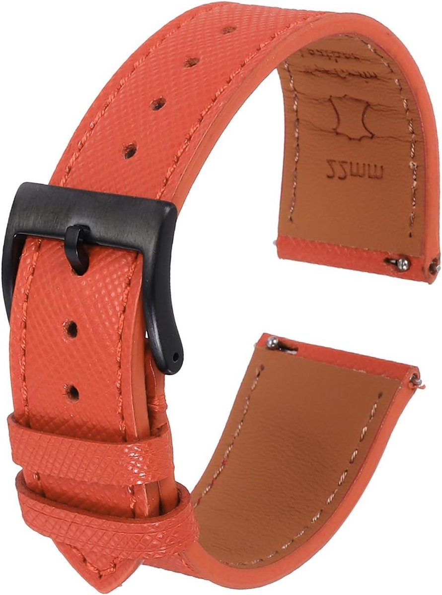 Allecto plus - Echt leren horlogebandje 22mm snelwissel reservearmband zwart roestvrijstalen gesp oranje unisex.