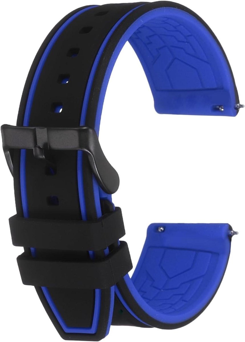 Allecto plus - Siliconen Horlogebandje 22 mm Breed met Snelsluiting en Matzwarte Gesp - Zwart-Blauw - Uniseks Riem