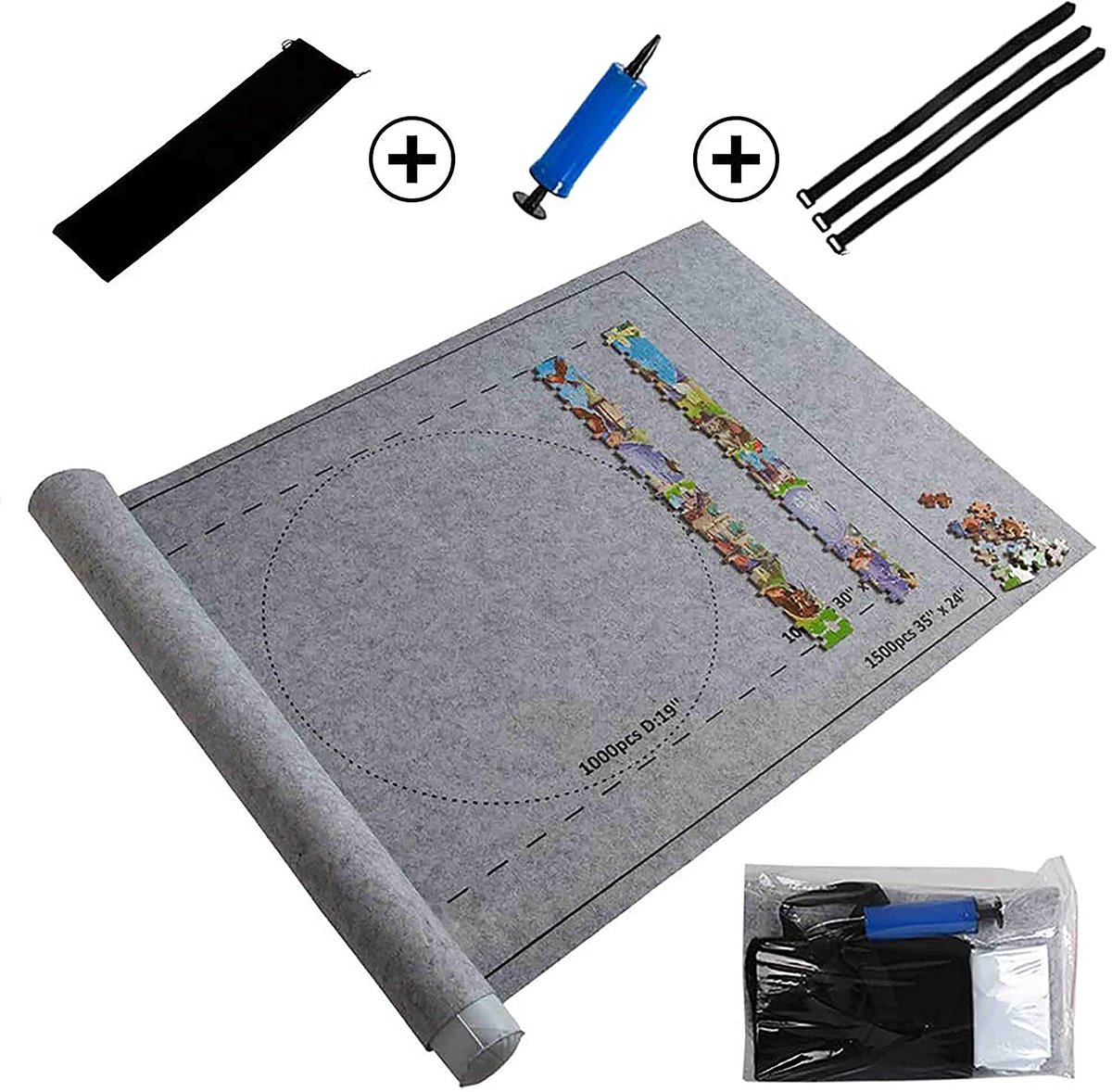 Puzzle Roll Mat - Felt Puzzle Storage - Draagbaar en Opbergvriendelijk met Inflatable Tube - 1 Stuks - Thuis of Onderweg Grijs