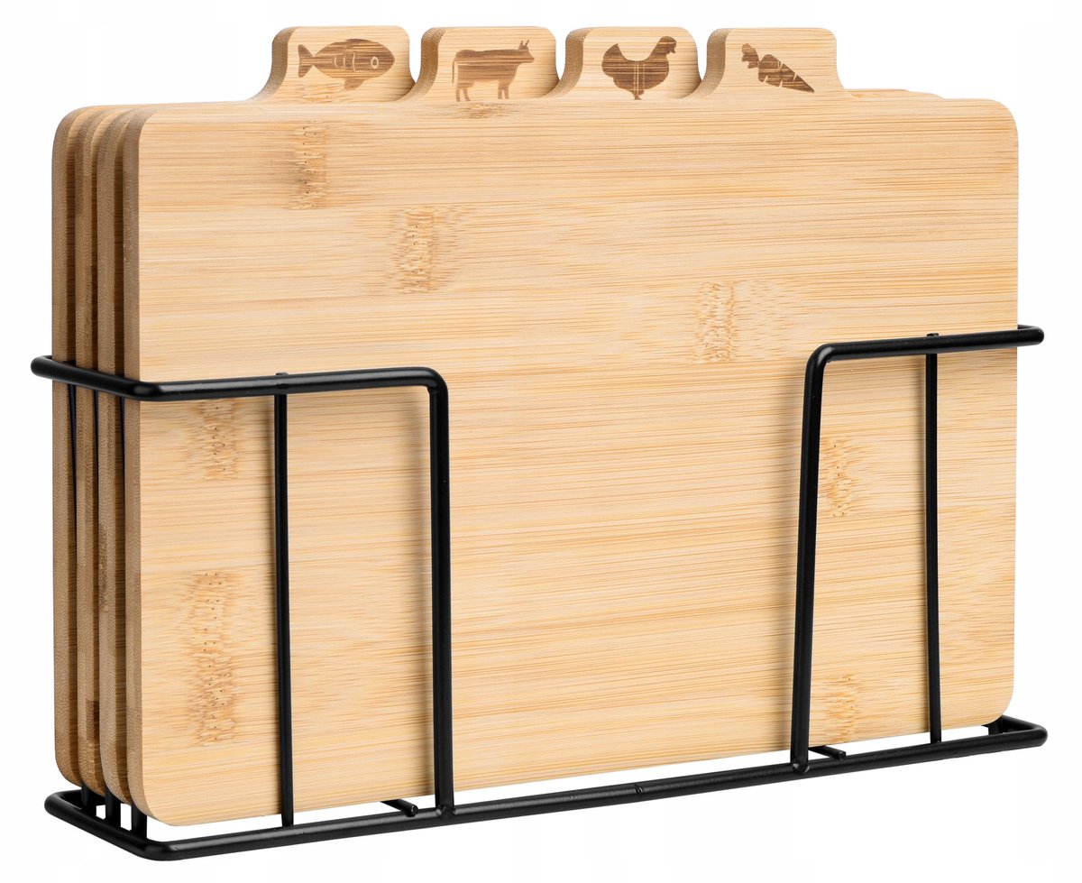 Bamboe snijplank set met 4 planken en metalen houder