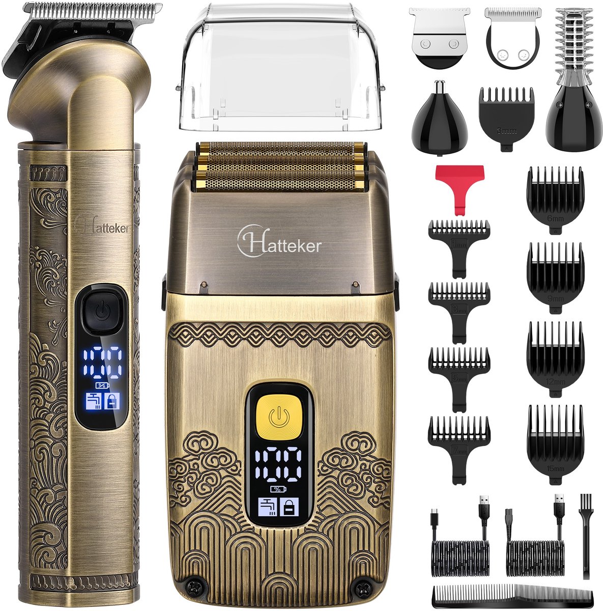 Hatteker Elektrisch Scheerapparaat en Haartrimmer 4-in-1 Set voor Mannen – Tondeuse, Foliescheerapparaat, Neushaartrimmer, Baardtrimmer en Verzorgingsset – Perfect Cadeau voor Heren