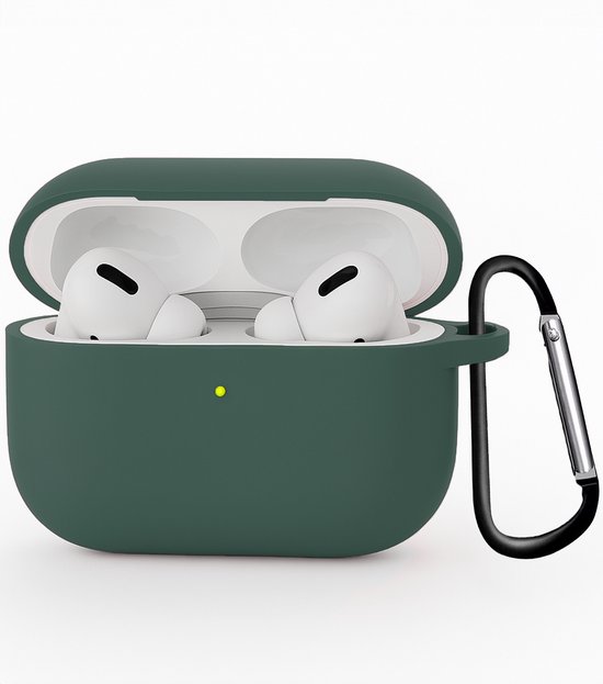Hoesje - Geschikt voor Apple Airpods Pro 3 - Siliconen Hoes met Clip - Silicone Case Cover - Donkergroen