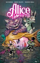Alice Never After-stripboekomslag met een lachende Cheshire Cat bovenop Alice, een witte konijn, een muis en een kikker op leliebladeren.