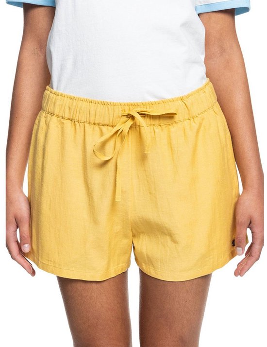 Gele shorts van Roxy met elastische tailleband en strik, zichtbaar van de voorkant.