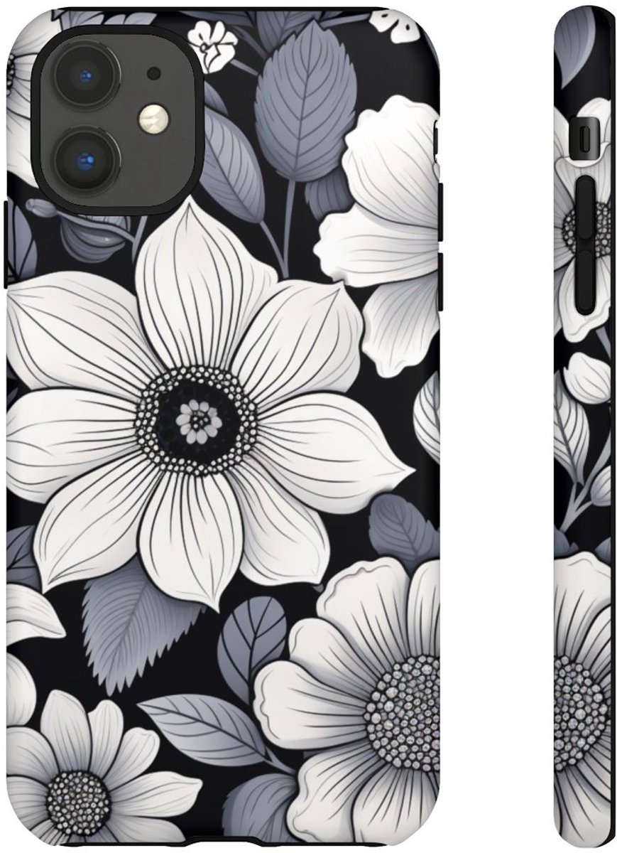 Zwart-Wit Bloemenpatroon – Telefoonhoesje Geschikt voor iPhone 11