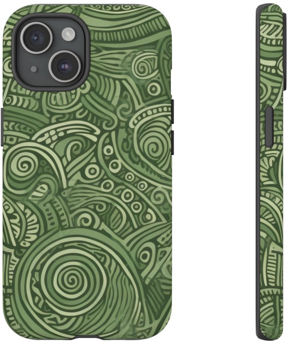 Abstract Groen Tribal Doodle Patroon – Telefoonhoesje Geschikt voor iPhone 15