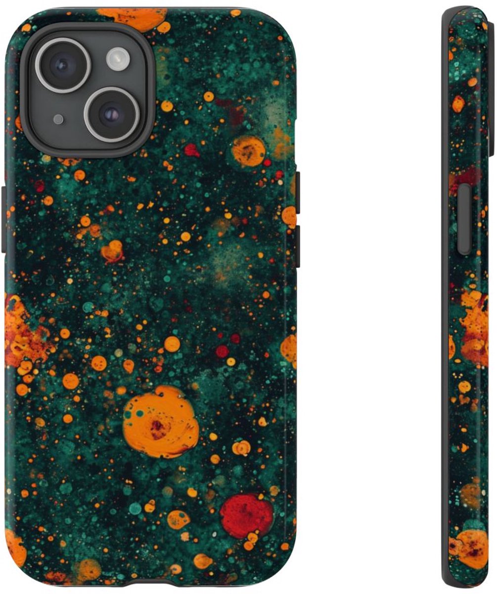 Abstracte Oranje en Teal Bellenpatroon – Telefoonhoesje Geschikt voor iPhone 15