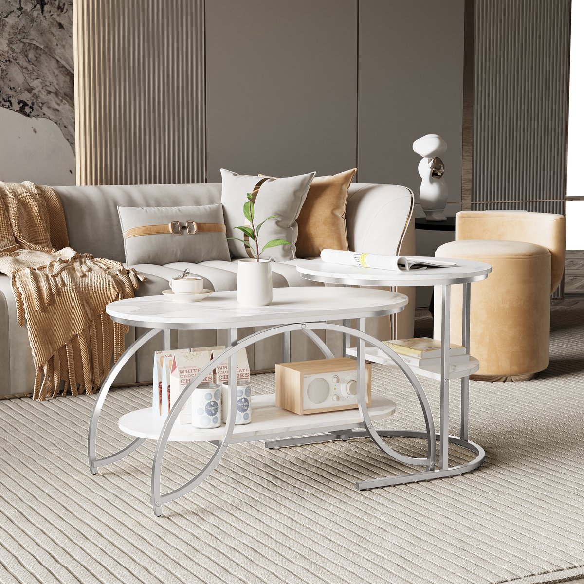 Set van 2 Ronde Salontafels - Moderne Salontafel in Stevig Metaal met Marmeren Ontwerp, Ingebouwde Plank, voor Binnenhuisdecoratie, Wit Zilver