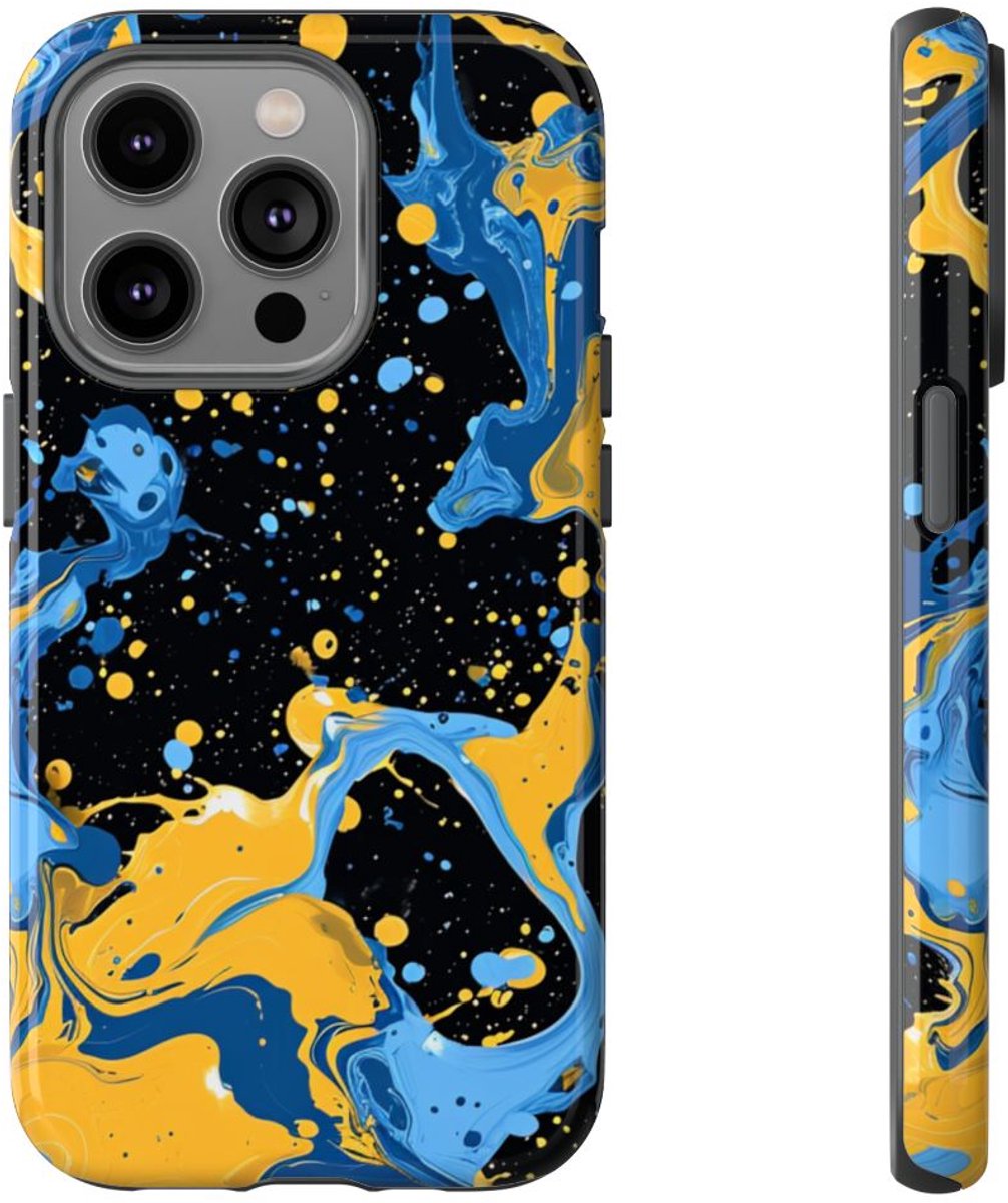 Blauwe en Gele Verfspatten Abstract – Telefoonhoesje Geschikt voor iPhone 14 Pro
