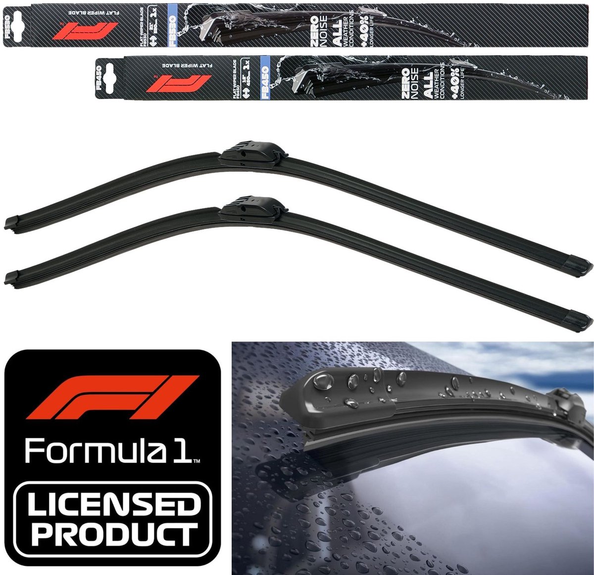 F1 Set platte wisserbladen 530/450 Links + Rechts voor Renault/Suzuki/Toyota/VW/etc.