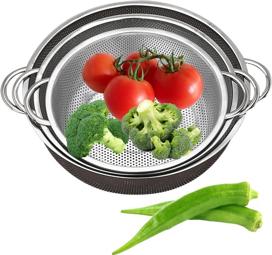 Passoire en acier inoxydable Lomera - Set de 3 - Passoire de cuisine - Passoire à mailles fines - Set de 3 - Ustensiles de Batterie de cuisine - Couleur argent - Micro-perforé - Matériau durable