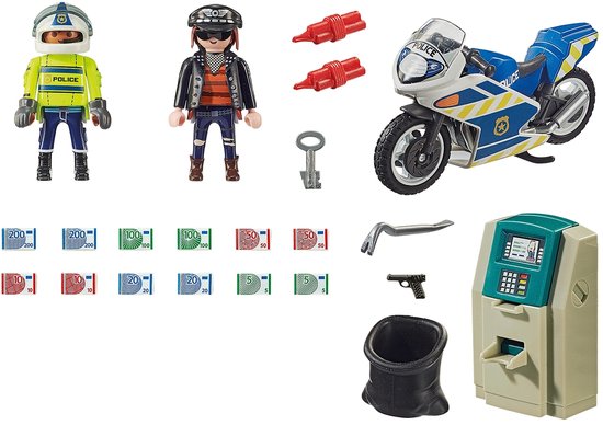 Politieagent, geldrover, geldautomaat, motor en geldbiljetten.