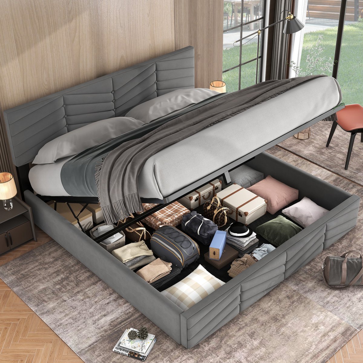 HAUSS SPOLE Tweepersoonsbedden - 160x200 cm - Gestoffeerd Bed Met Lattenbodem - Verstelbaar Hoofdboard En Praktische Opbergruimte Onder Bed - Fluweel - Grijs