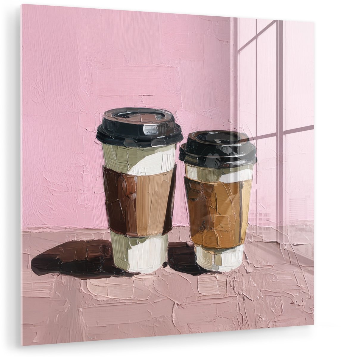 MuchoWow® Glasschilderij 50x50 cm - Schilderij acrylglas - Koffiebekers - Deksel - Verf - 