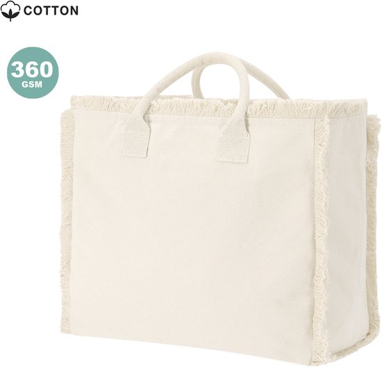 Sac de plage beige à franges – Grand sac cabas – Katoen robuste 360 ​​g/m² – Avec fermeture éclair et poche intérieure – Beige