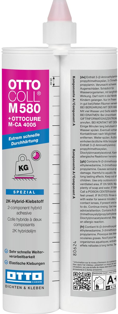 Ottocoll M580 montagelijm 2K tandem - 2x 190 ml - heldergrijs - extreem snel voor bouw en montage