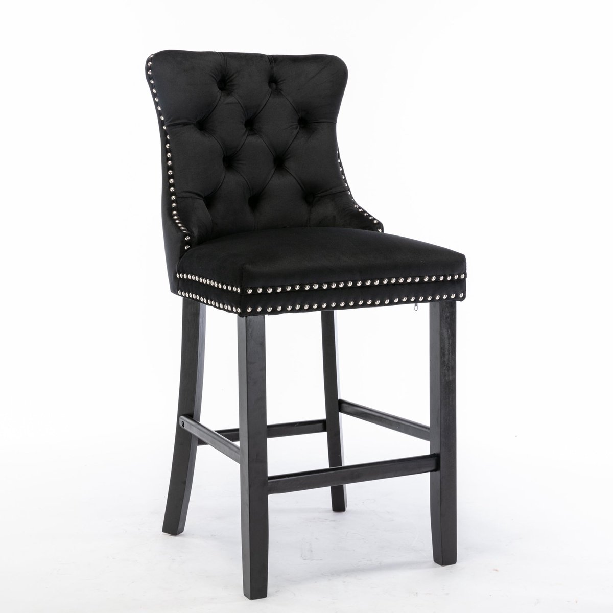 Merax Velours Barstoelen Set van 2 – Zwarte Barkrukken met Knopenpatroon - Houten Poten en Chrome Nagelrand – Luxe Wingback Design
