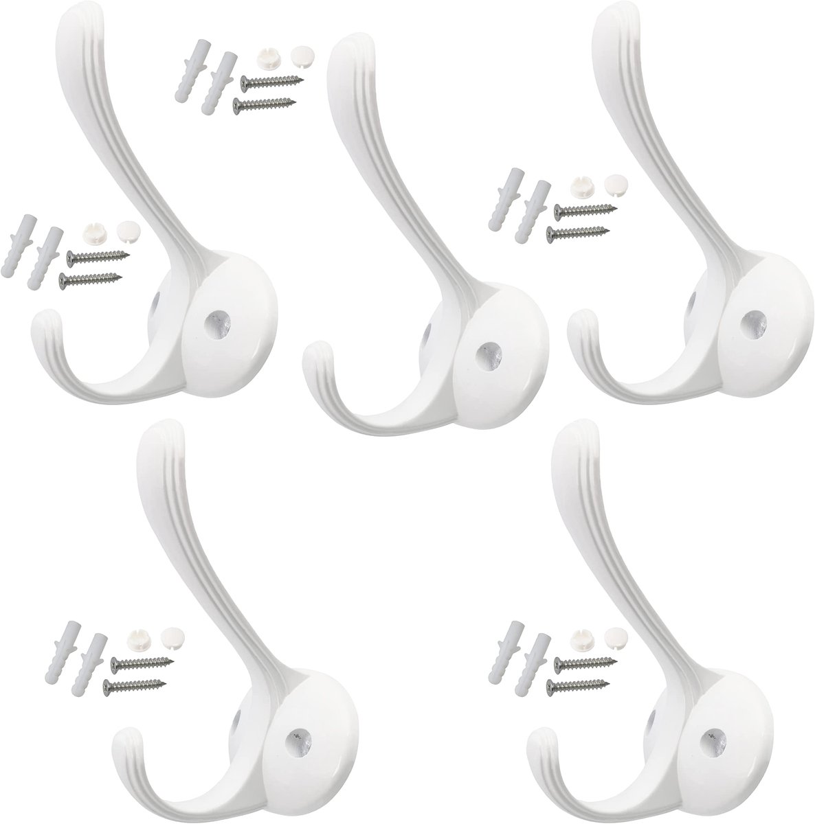 C64371 - Set van 5 dubbele wandhaken 105x65x75mm - metalen haken - witte kleur - voor jassen en handdoeken