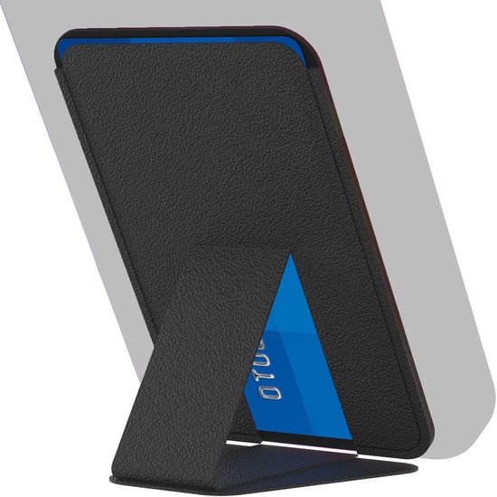 Zwart telefoonhoesje met een opengewerkte kaarthouder en ingebouwde standaard, op een telefoon.