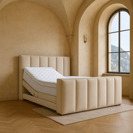 Boxspring Amalfi Elektrische verstelbaar met Luxe Pocketvering Stof 160x200 cm beige Gratis 2x Hoofdkussens