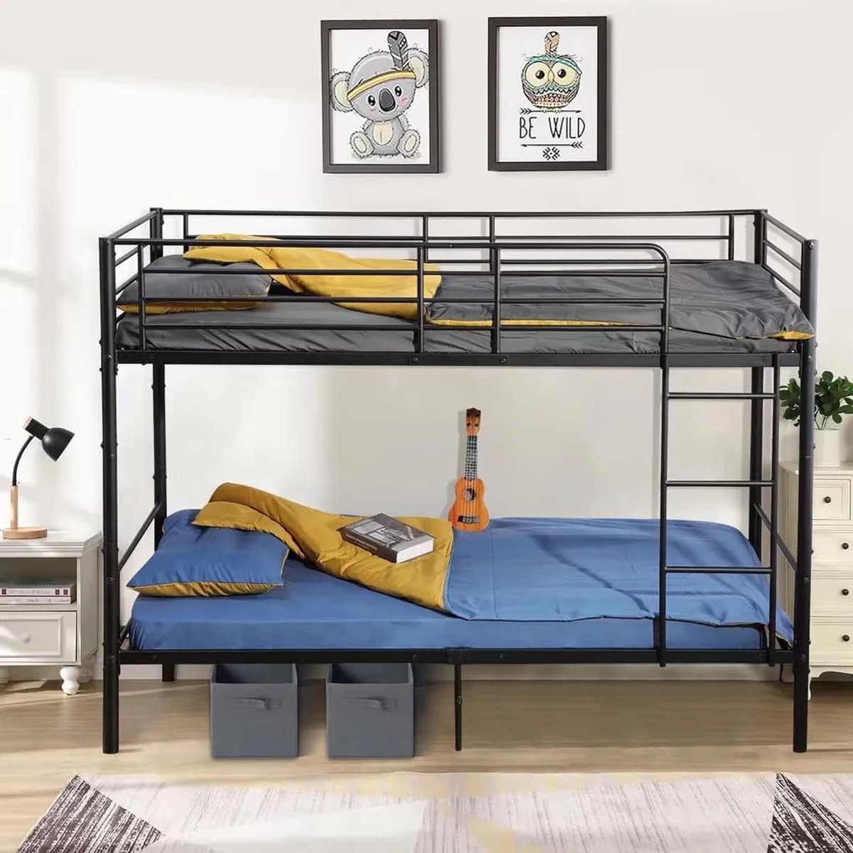 Stapelbed 90 x 200 cm met lattenbodem, 2 laden en ladder - kinderbed met valbeveiliging, hoogslaper in zwart