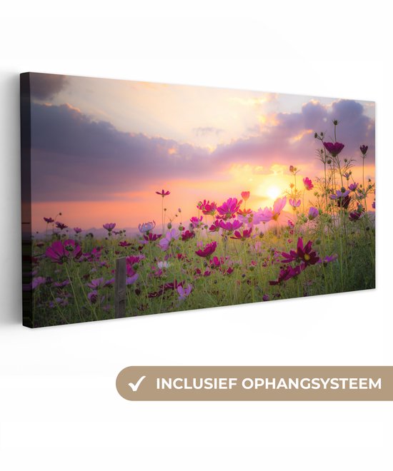 Canvas schilderij 60x30 cm - Wanddecoratie Zonsondergang - Bloemen - Roze - Natuur - Groen - Muurdecoratie woonkamer - Slaapkamer decoratie - Kamer accessoires - Schilderijen op canvas