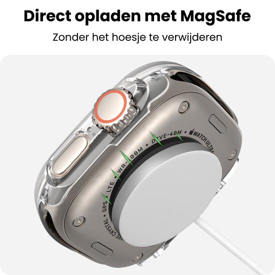 Apple Watch Ultra 3 met transparante hoes die wordt opgeladen met een MagSafe-oplader. Tekst: 'Direct opladen met MagSafe'.