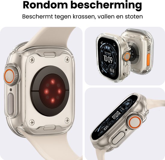 Een transparante hoes voor de Apple Watch met de achterkant zichtbaar, plus detailopnamen van de voor- en zijkant.
