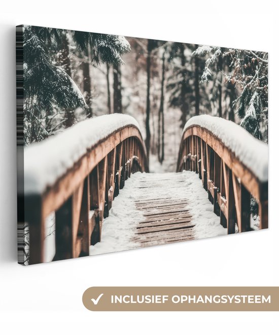 Canvas schilderij 120x80 cm - Wanddecoratie Brug - Winterlandschap - Bos - Natuur - Sneeuw - Muurdecoratie woonkamer - Slaapkamer decoratie - Kamer accessoires - Schilderijen op canvas