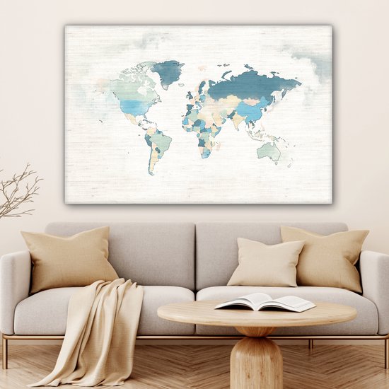 Wereldkaart avec des pays colorés avec des couleurs pastel sur fond avec motif texturé 140x90 cm