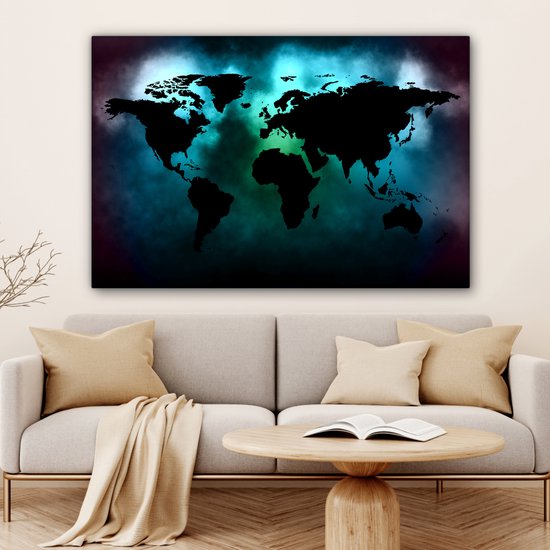 Carte du monde noir sur fond sombre aux couleurs des aurores boréales 140x90 cm