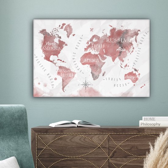 Peintures Toile Wereldkaart - Peinture - Rose - 60x40 cm - Décoration murale