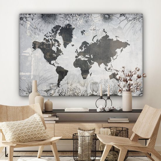 Wereldkaart avec motif béton gris foncé décorée d'illustrations de fleurs 140x90 cm