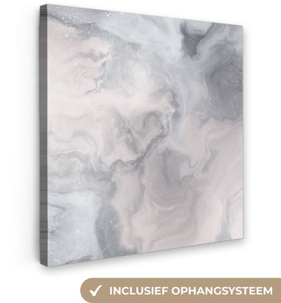 Peinture abstraite avec des textures marbrées grises, blanches et rose pâle, système de suspension inclus.