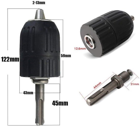 Zwarte boorkop (2-13mm) met metalen SDS-adapter en afmetingen.