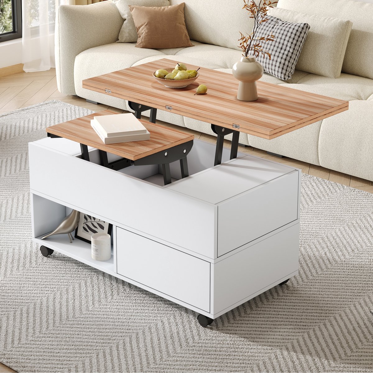 PHOEBE CAT Salontafel - 100 × 50 × 52 cm - met 4 wielen - 4 lades - In hoogte verstelbaar tafelblad - Wit