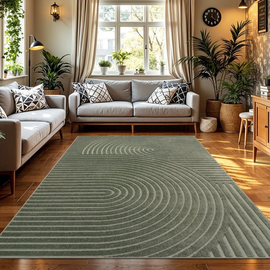 Tapis gris avec un motif de lignes courbes, dans un salon.