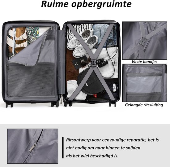 Zwarte koffer met ruime opbergruimte, pakbanden en vakken.