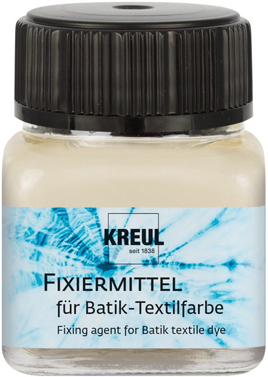 Bouteille Kreul Fixiermittel für Batik-Textilfarbe avec motif batik bleu.