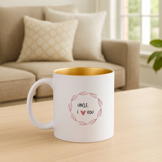 Hacebo® - uncle I love you koffiebeker met goud kleurige binnenkant - de liefste oom - thee mok - koffie beker - verjaardagscadeau - verjaardag - cadeau - cadeautje voor oom - oom artikelen - kado - geschenk - gift - koffiemok - 330 ML