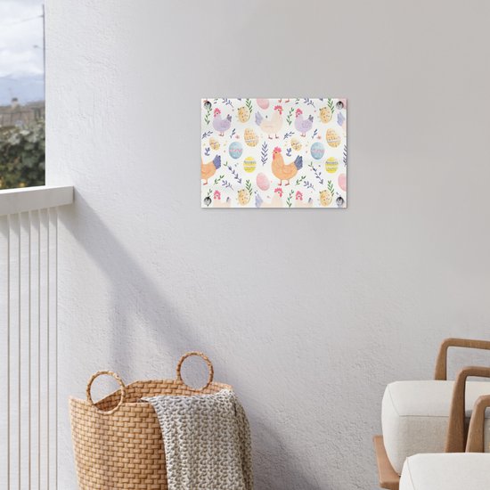 Tuinposter 40x30 cm - Tuindecoratie Patroon - Kip - Paaseieren - Poster voor in de tuin - Buiten decoratie - Schutting tuinschilderij - Tuindoek muurdecoratie - Wanddecoratie balkondoek - Pasen - Paasdecoratie - Paas versiering