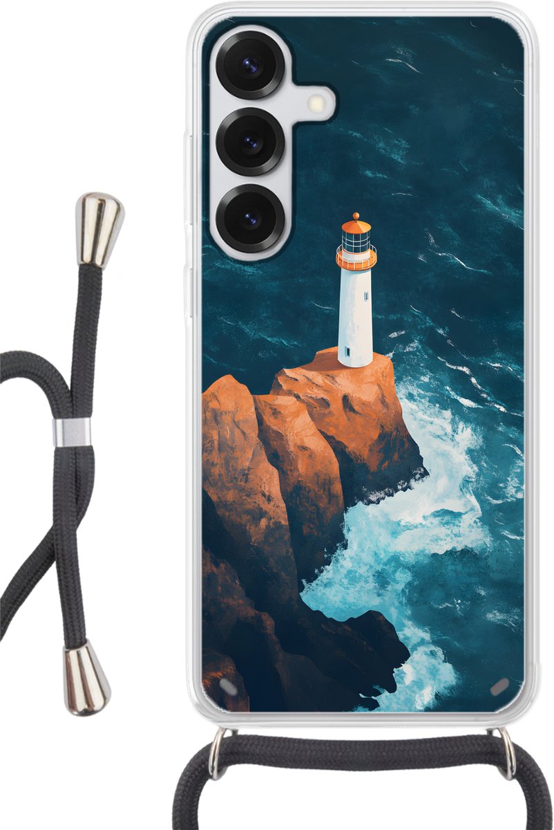 Telefoonhoesje Geschikt voor Samsung Galaxy S25 Plus - Vuurtoren - Rots - Zee - Golven - Siliconen - Crossbody - Backcover met Koord - Telefoonhoesje met koord - Hoesje met touw Telefoonhoesje