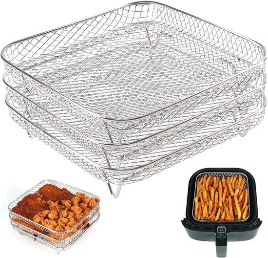 ALLOMN 3-laags rek voor luchtfriteuse, roestvrijstalen 3-laags kooirek voor luchtfriteuse, meerlaags afneembare dehydratorrek, accessoires voor luchtfriteuse met dubbel mandje, luchtfriteuse