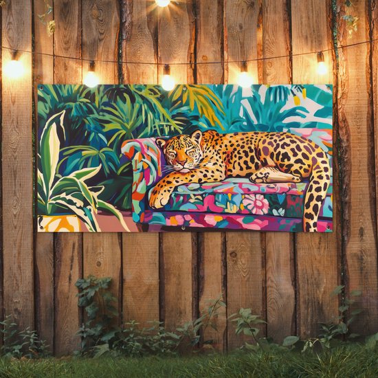 Affiche de jardin 160x80 cm - Décoration de jardin Léopard - Coloré - Tropical - Affiche pour le jardin - Décoration extérieure - Tableau de jardin clôture - Décoration murale sur toile de jardin - Décoration murale sur toile de balcon