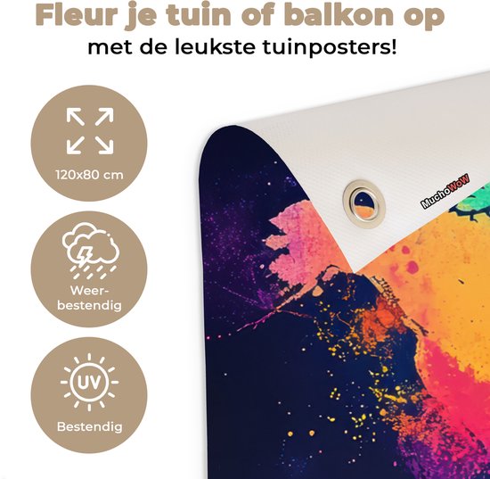 Tuinposter 120x80 cm - Tuindecoratie Wereldkaart - Kleurrijk - Graffiti - Poster voor in de tuin - Buiten decoratie - Schutting tuinschilderij - Tuindoek muurdecoratie - Wanddecoratie balkondoek