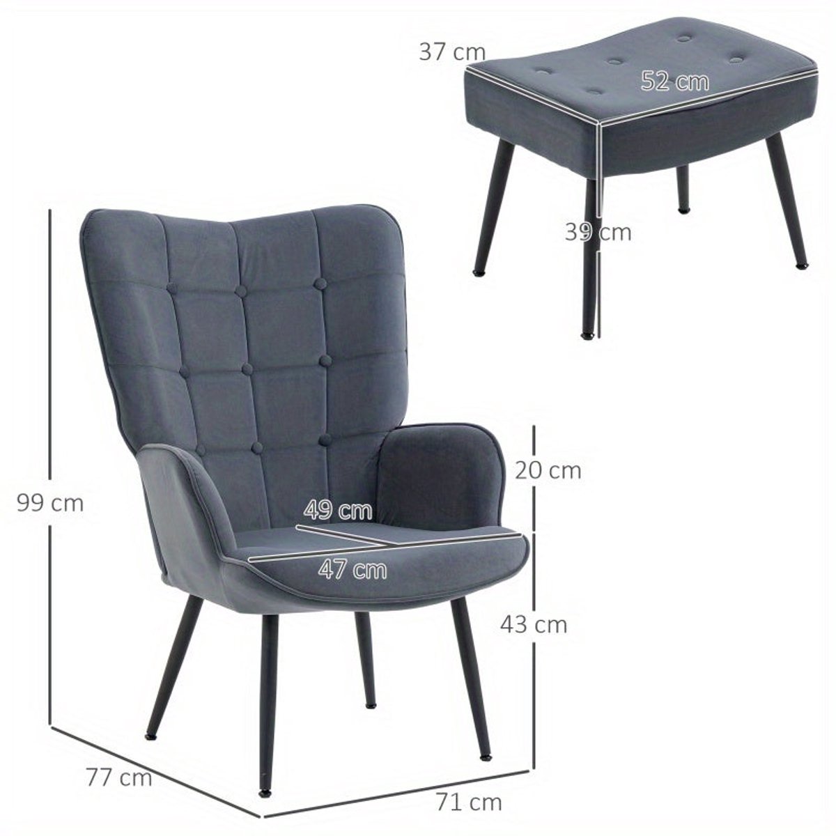 Corenia Relaxstoel – Fauteuil – Loungebank – Zitstoel – Donkergrijs Samet – Verstelbare Voetjes – Inclusief Voetenbankje Dark gray
